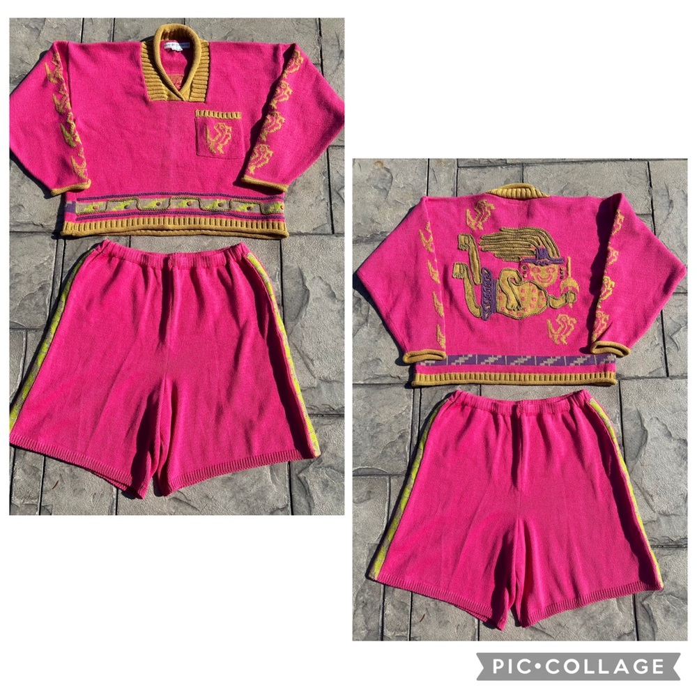 Vintage 90s Rhyner Designs pink knitwear sweater shorts mermaid maximalist birds